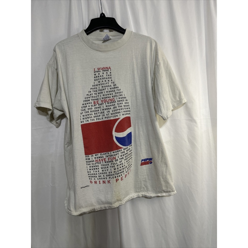 Pepsi Graphic T-Shirt‎ Mens XL White Fair Vintage 90s I Wanna Be Young Bottle